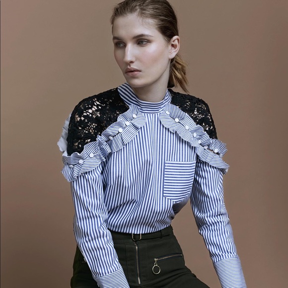Self-Portrait Tops - Lace Shoulder Structured Blouse